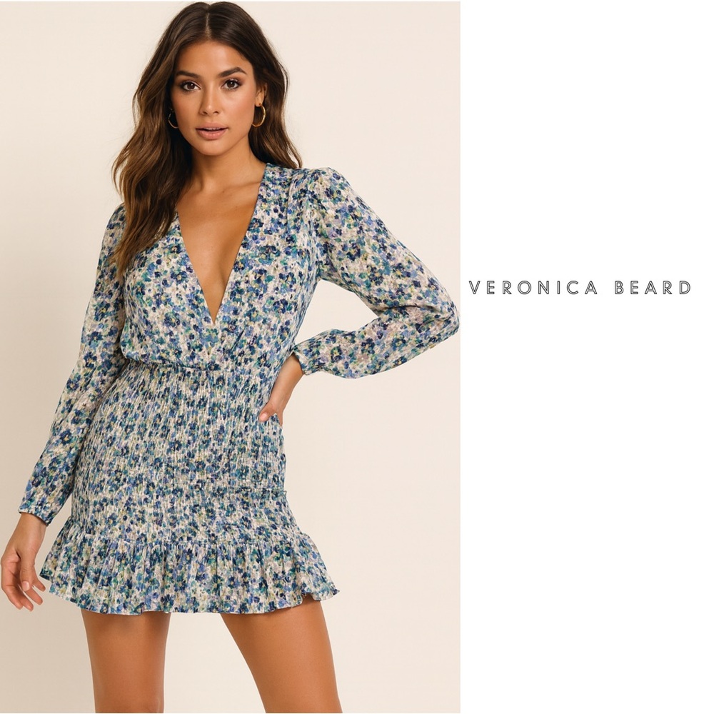 NEW Veronica Beard Darrah Smocked Floral-print Cotton-voile Mini Dress In Cobalt